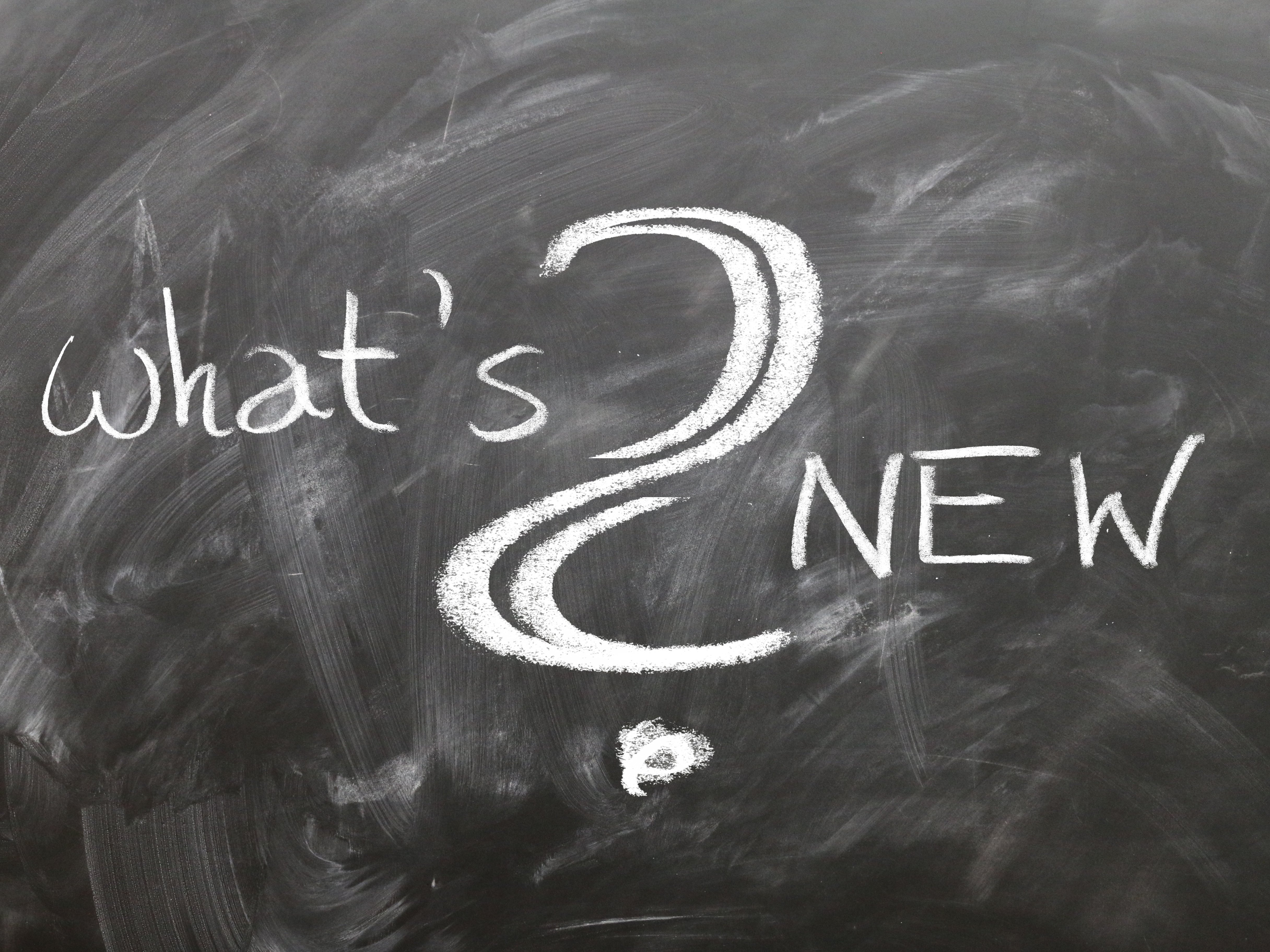 Schwarzes Tafel‑Schild mit weißer Schrift „what’s New?“ vor strukturierter Schiefer-Textur