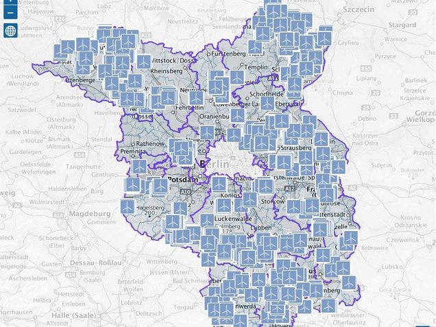 Brandenburg-Landkarte mit Icons von Windkraftanlagen