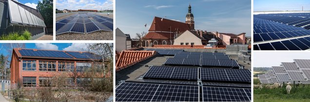 Collage mehrerer Solaranlagen auf Dächern und als Freifläche