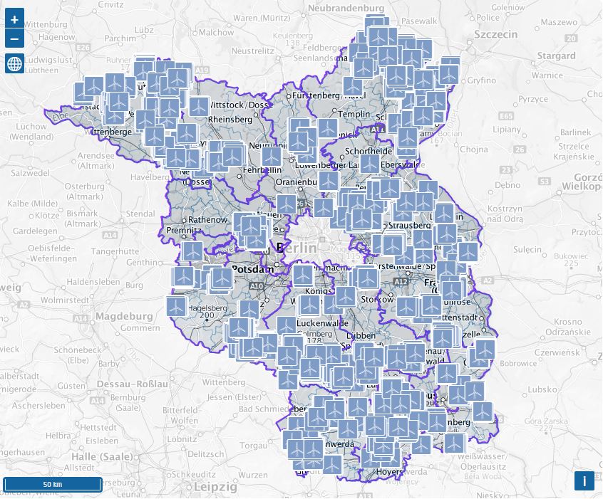 Brandenburg-Landkarte mit Icons von Windkraftanlagen