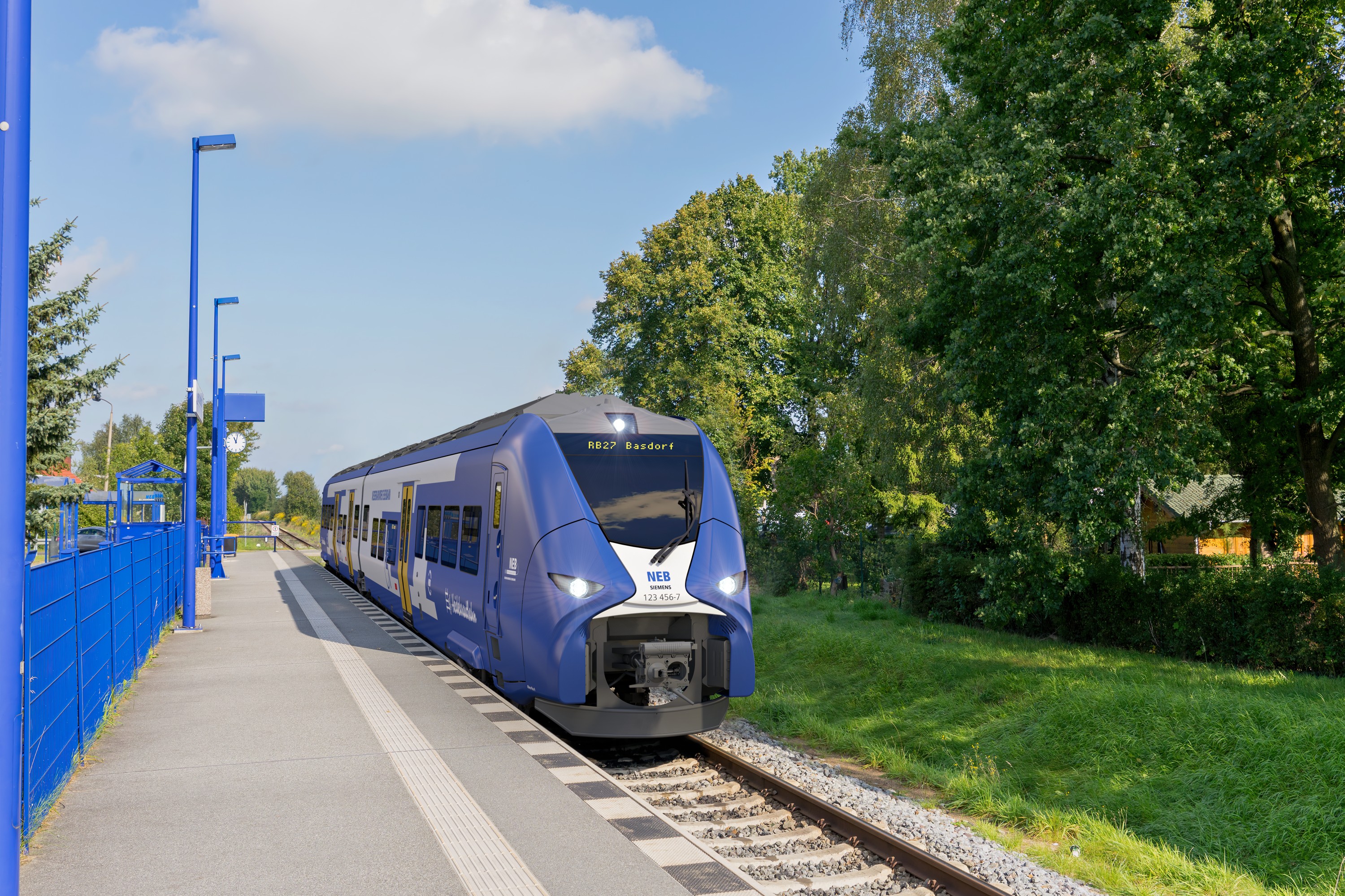 Heidekrautbahn: blauer Zug auf Schienen